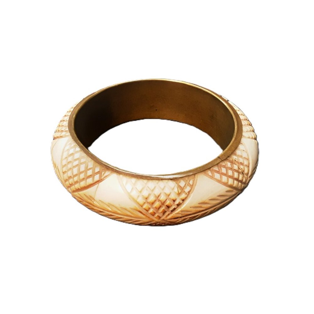 Vintage Brass & Carved Bone Bangle – Boho Tribal Bracelet